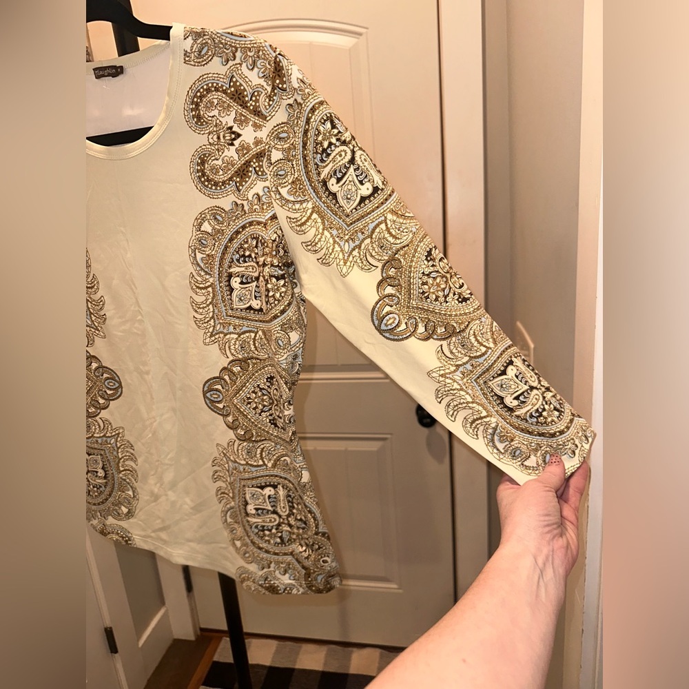 J McLaughlin Size Medium Paisley Print Cream Long Sleeve Top - Picture 6 of 10